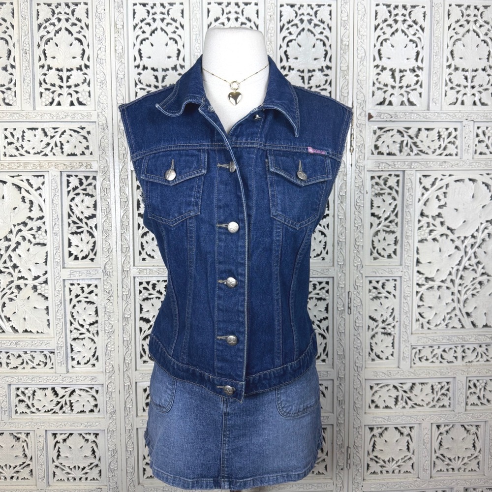 Vtg‎ Y2K Bubblegum Dark Wash Button Up Denim Vest Sz Medium  Retro Indie 90's